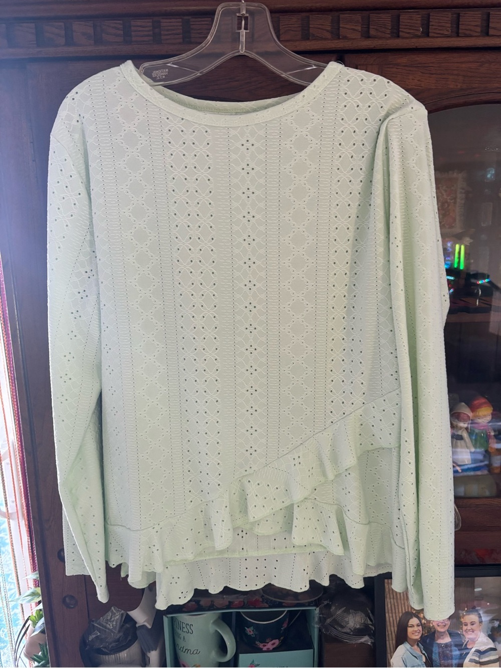 Light Mint Eyelet Ruffle Long-Sleeve Top
